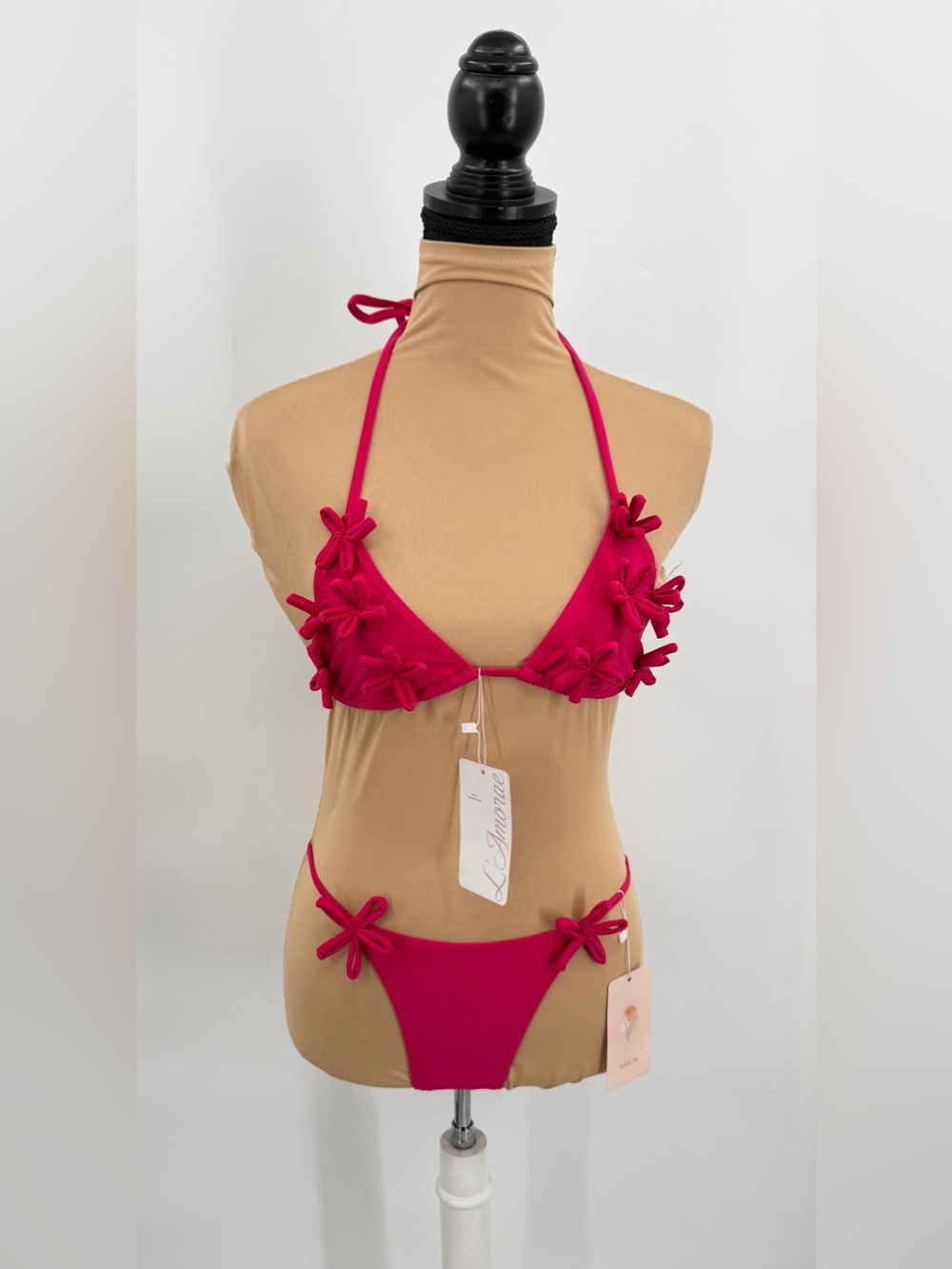 Hot Pink 3D Floral triangle halter Bikini Set S NWT vacation resortwear coquette